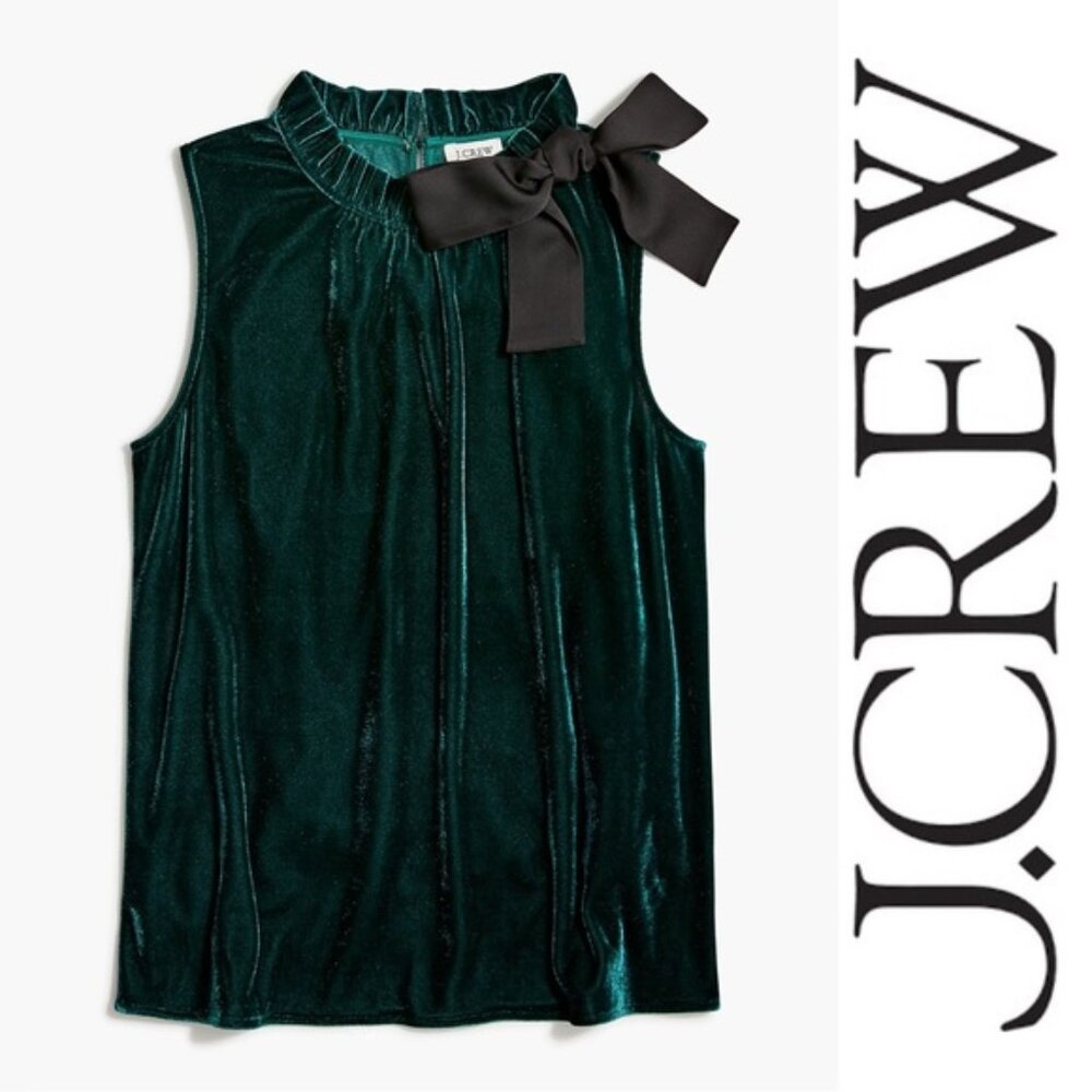 J. Crew Factory | "Old Forest" Green Velvet bow-neck ruffle top | Size Small